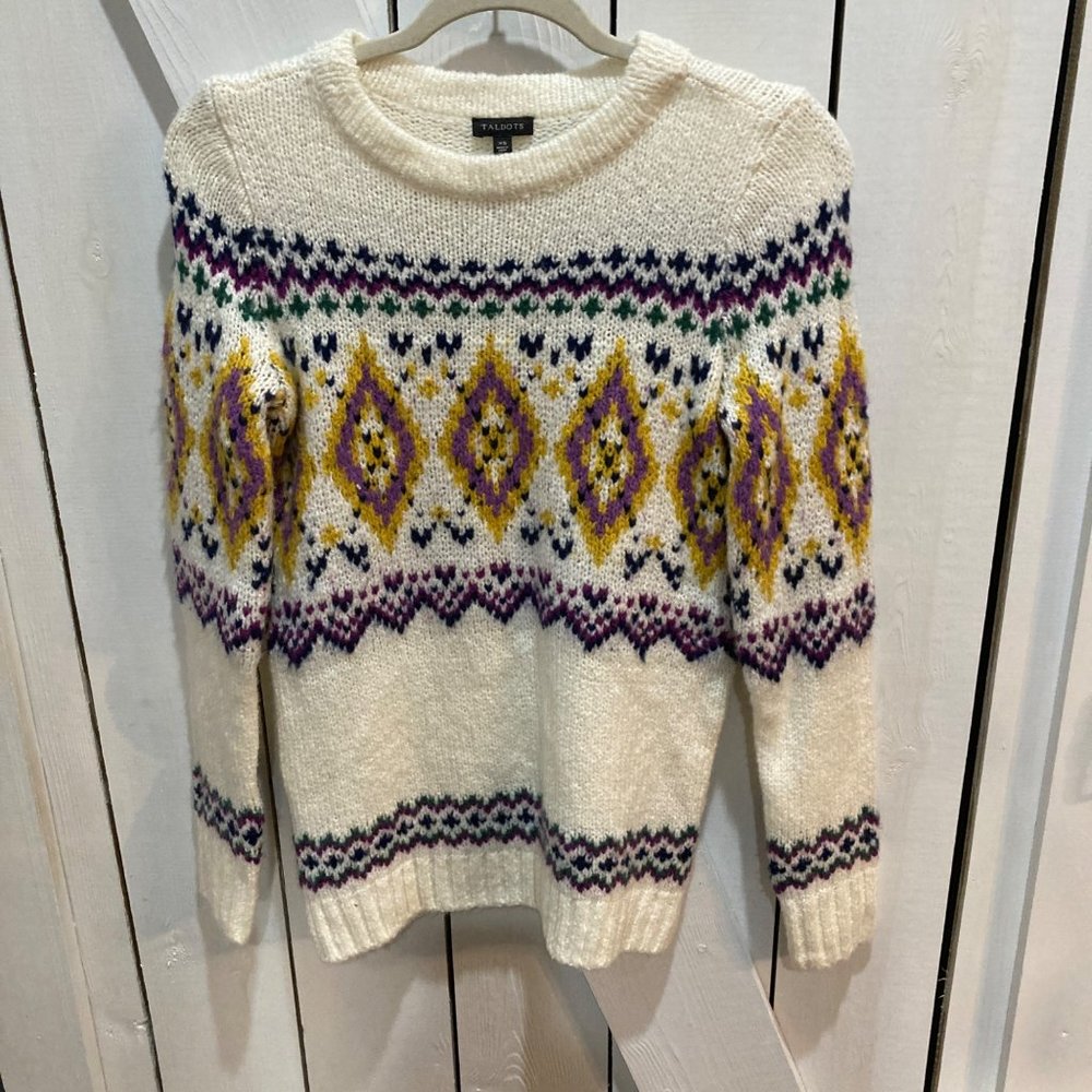 Talbots white nordic fair-isle chunky sweater extra small